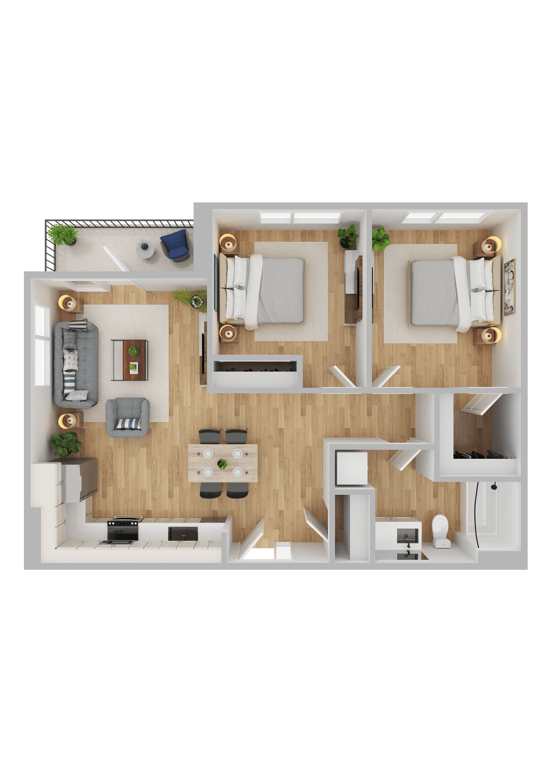 Floor plan for 2 beds, 1 bath, 895 sqft